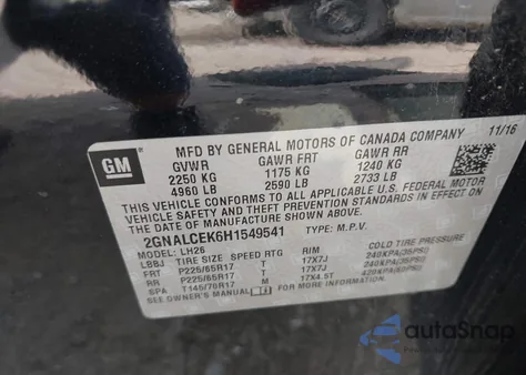 2017 Chevrolet Equinox Lt z USA, uszkodzony, nr VIN 2GNALCEK6H1549541